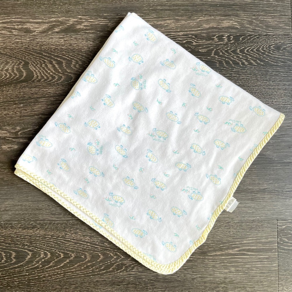 Vintage Baby Dior Sheep Print Blanket White Satin Trim 28x28 Unisex Nursery Soft